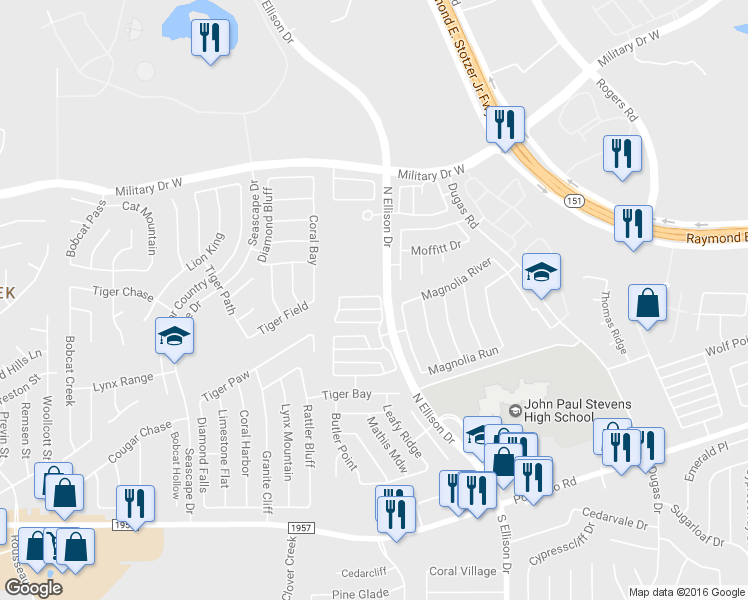 map of restaurants, bars, coffee shops, grocery stores, and more near 10118 Ranger Canyon in San Antonio