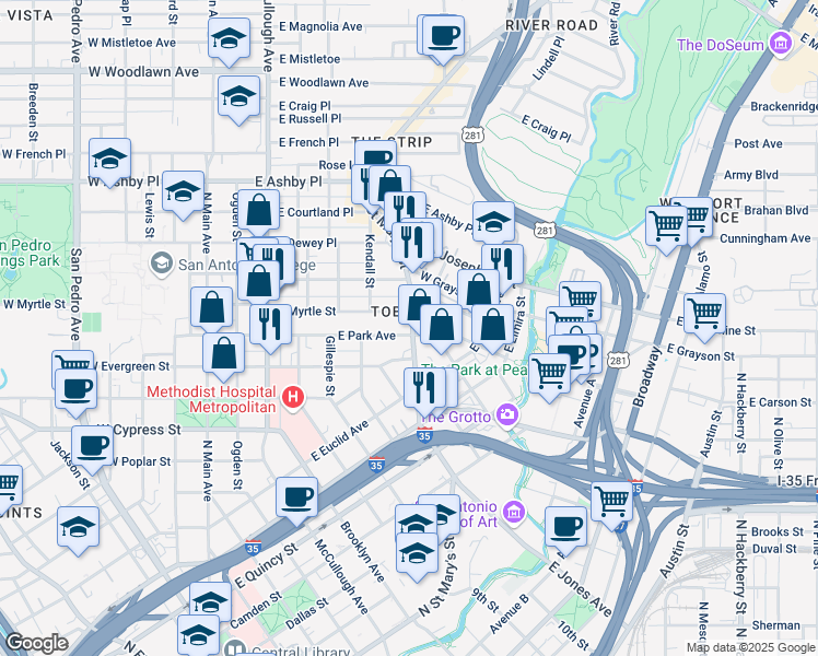 map of restaurants, bars, coffee shops, grocery stores, and more near 626 East Park Avenue in San Antonio