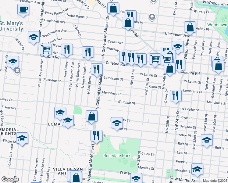 map of restaurants, bars, coffee shops, grocery stores, and more near 2650 Menchaca Street in San Antonio