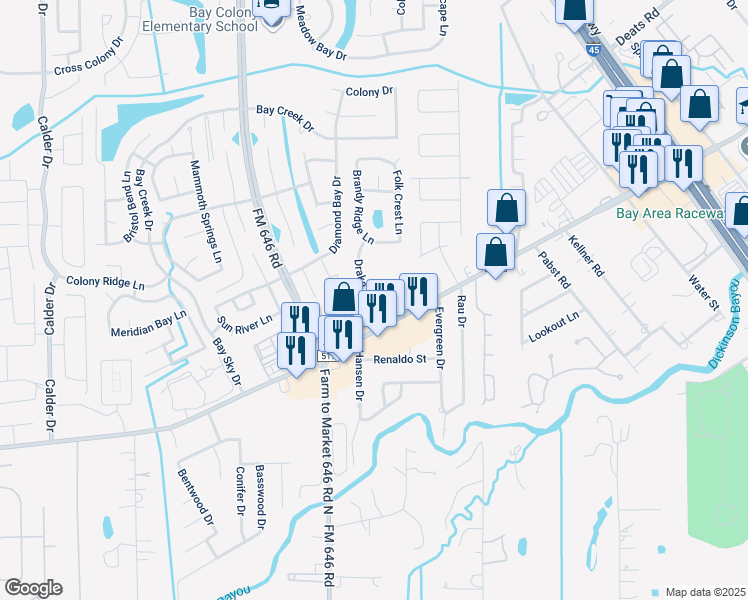 map of restaurants, bars, coffee shops, grocery stores, and more near 689 Farm to Market Road 517 in Dickinson