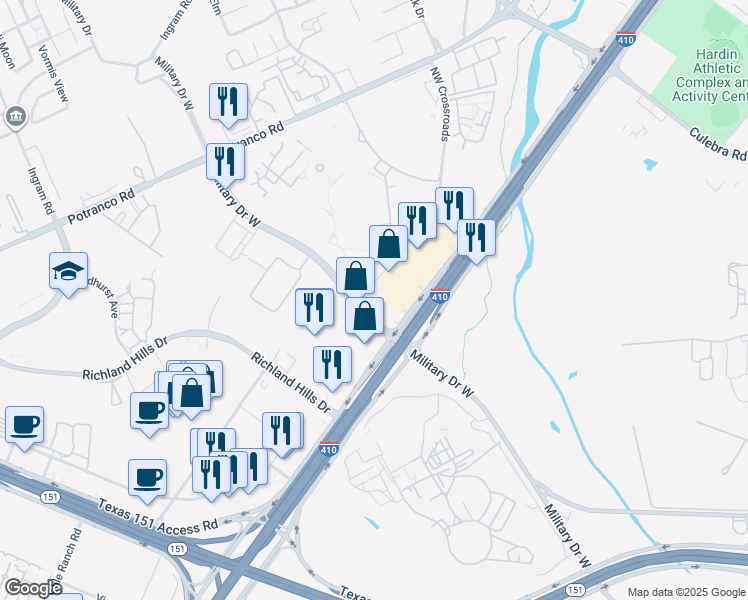 map of restaurants, bars, coffee shops, grocery stores, and more near 7555 Northwest Loop 410 in San Antonio