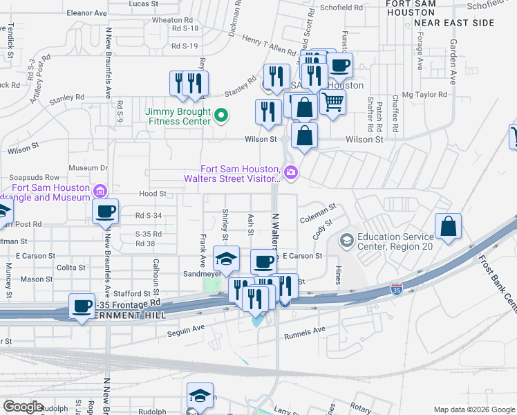 map of restaurants, bars, coffee shops, grocery stores, and more near 322 Bee Street in San Antonio