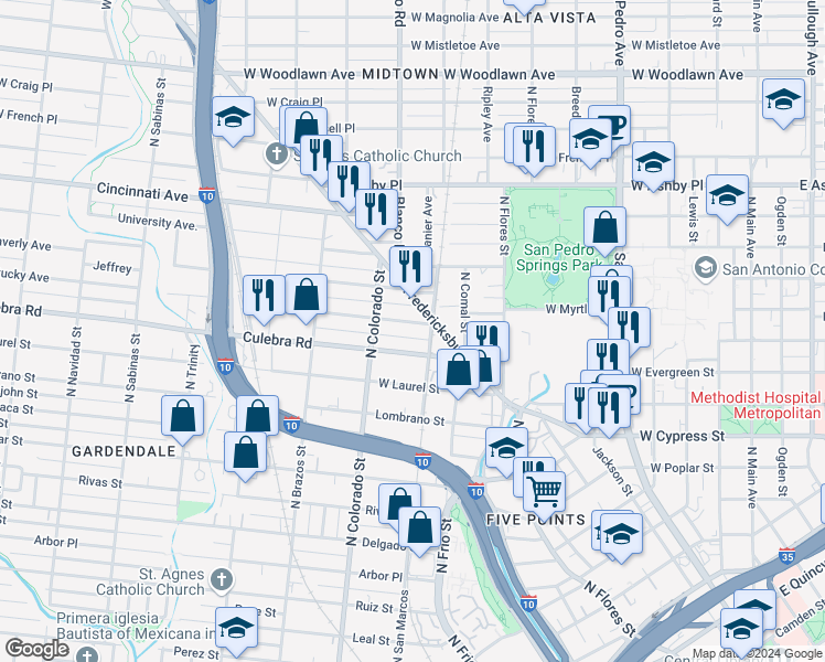 map of restaurants, bars, coffee shops, grocery stores, and more near 335 Culebra Road in San Antonio