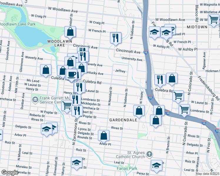 map of restaurants, bars, coffee shops, grocery stores, and more near 1639 West Laurel in San Antonio