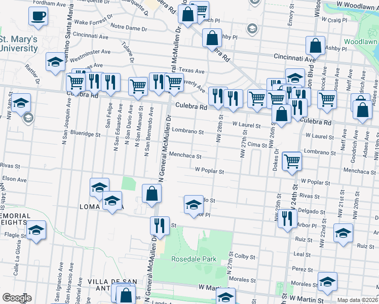 map of restaurants, bars, coffee shops, grocery stores, and more near 2650 Menchaca Street in San Antonio