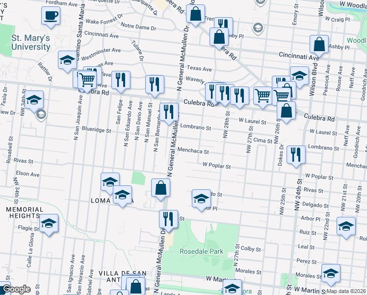 map of restaurants, bars, coffee shops, grocery stores, and more near 3727 West Poplar Street in San Antonio