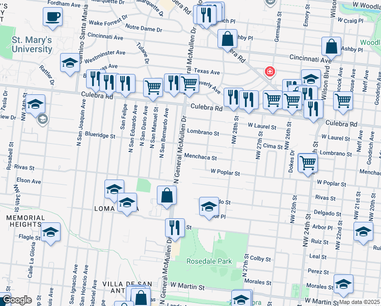 map of restaurants, bars, coffee shops, grocery stores, and more near 3727 West Poplar Street in San Antonio