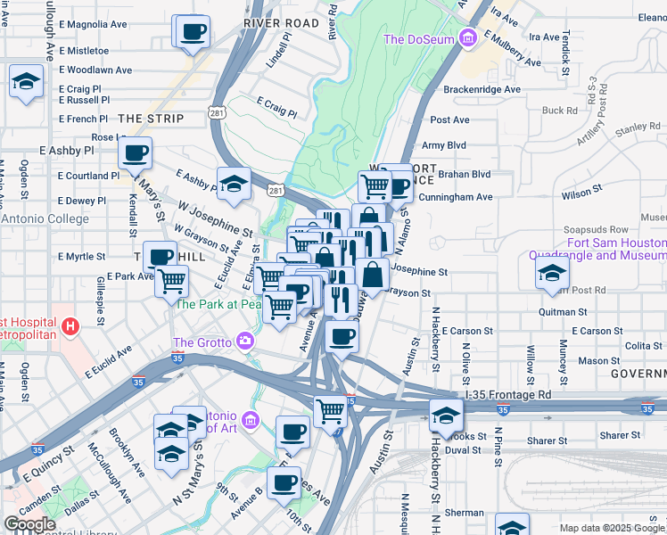 map of restaurants, bars, coffee shops, grocery stores, and more near 303 East Grayson Street in San Antonio