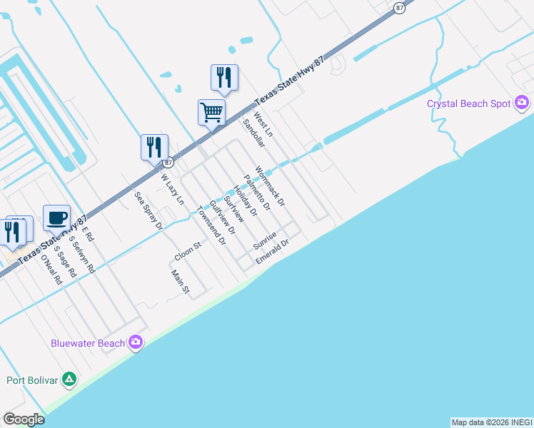 map of restaurants, bars, coffee shops, grocery stores, and more near 858 Surfview in Bolivar Peninsula