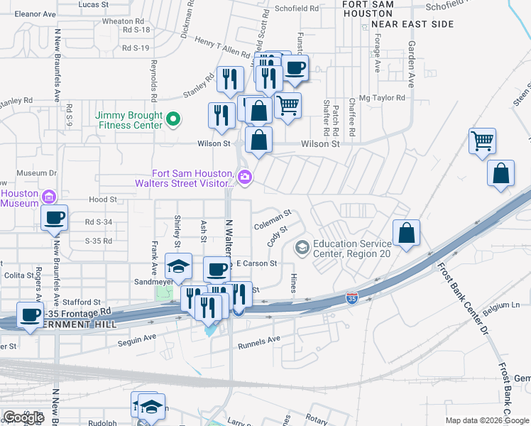 map of restaurants, bars, coffee shops, grocery stores, and more near 518 Coleman Street in San Antonio