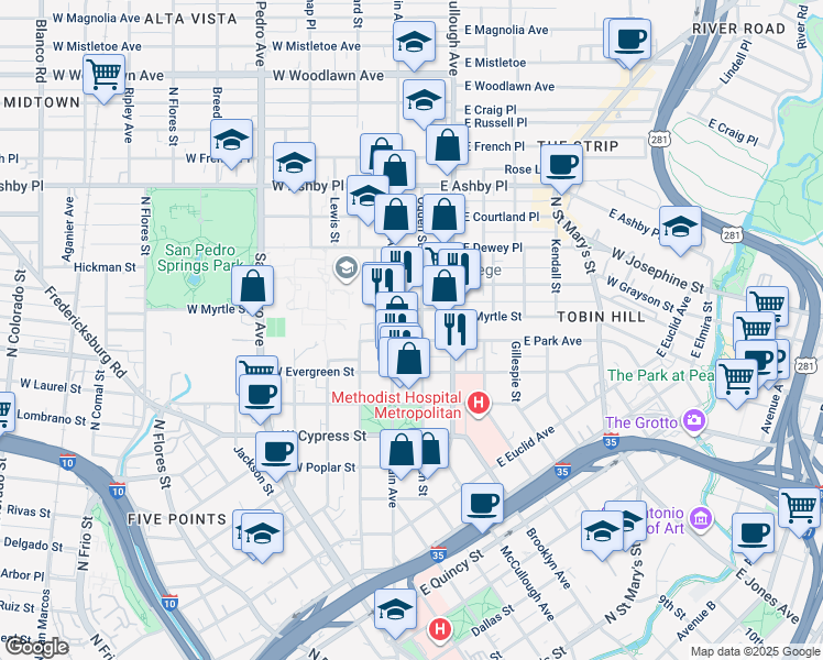 map of restaurants, bars, coffee shops, grocery stores, and more near 111 East Park Avenue in San Antonio