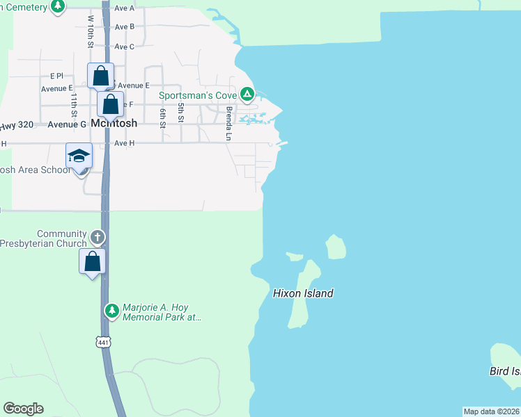 map of restaurants, bars, coffee shops, grocery stores, and more near 20300 1st Street in McIntosh