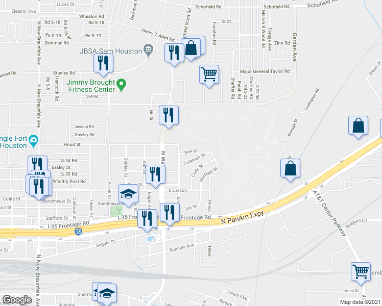 map of restaurants, bars, coffee shops, grocery stores, and more near 519 Bee Street in San Antonio