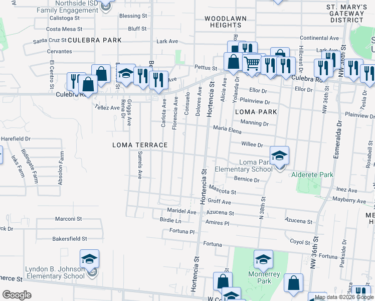 map of restaurants, bars, coffee shops, grocery stores, and more near 227 Dolores Avenue in San Antonio
