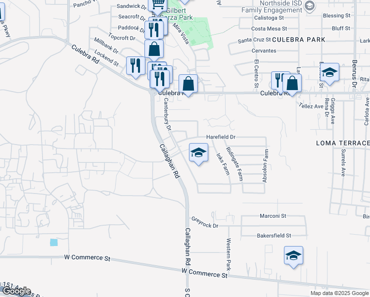 map of restaurants, bars, coffee shops, grocery stores, and more near 5716 Harefield Drive in San Antonio