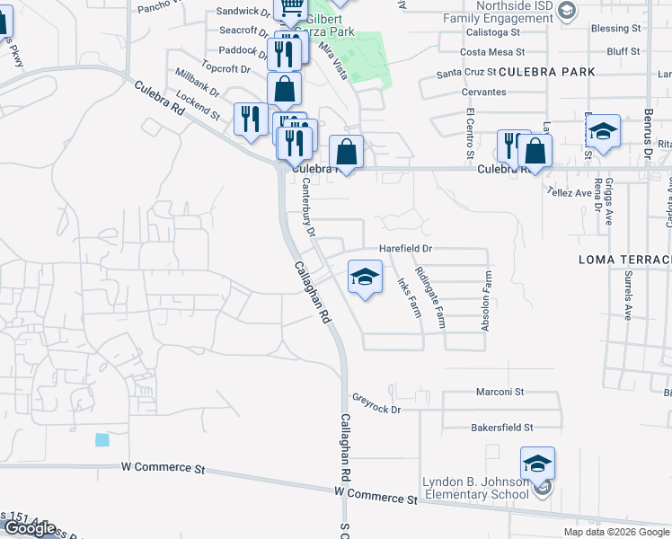 map of restaurants, bars, coffee shops, grocery stores, and more near 5716 Harefield Drive in San Antonio