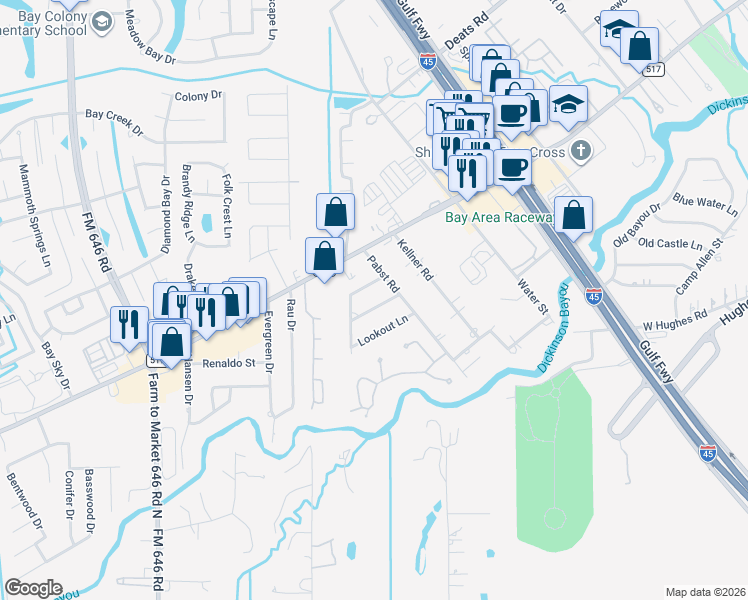 map of restaurants, bars, coffee shops, grocery stores, and more near 408 Pecan Grove Lane in Dickinson