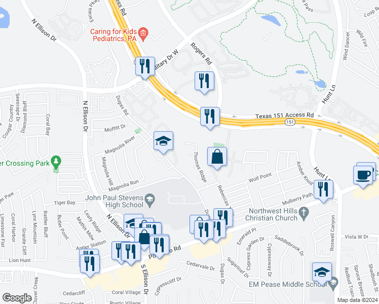 map of restaurants, bars, coffee shops, grocery stores, and more near 9711 Keystone Cove in San Antonio