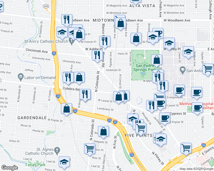 map of restaurants, bars, coffee shops, grocery stores, and more near 116 Cornell Avenue in San Antonio