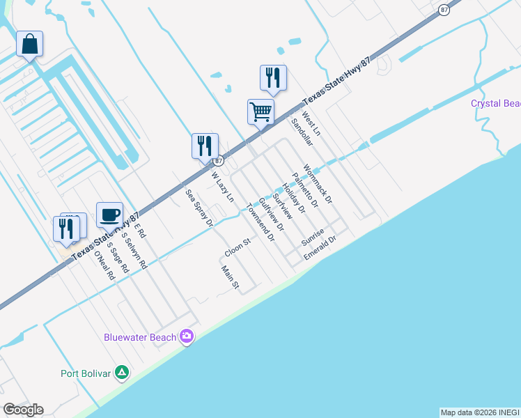 map of restaurants, bars, coffee shops, grocery stores, and more near 954 Townsend Drive in Bolivar Peninsula