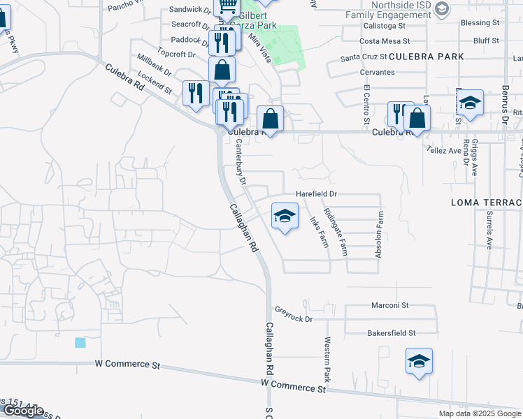 map of restaurants, bars, coffee shops, grocery stores, and more near 5716 Harefield Drive in San Antonio