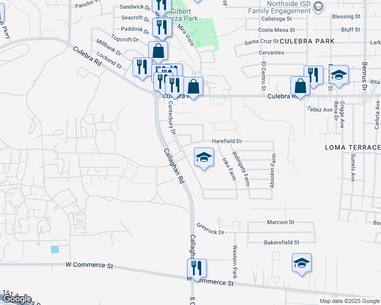 map of restaurants, bars, coffee shops, grocery stores, and more near 5716 Harefield Drive in San Antonio