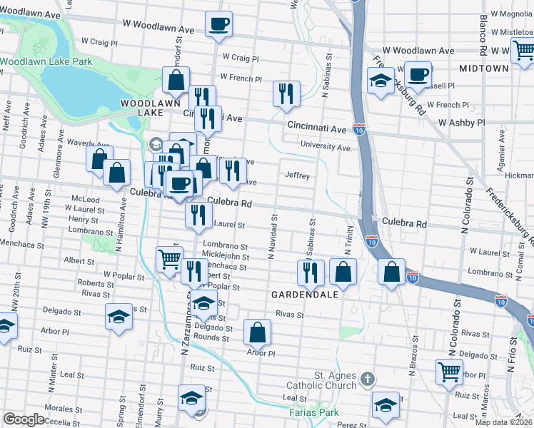 map of restaurants, bars, coffee shops, grocery stores, and more near 925 Culebra Road in San Antonio