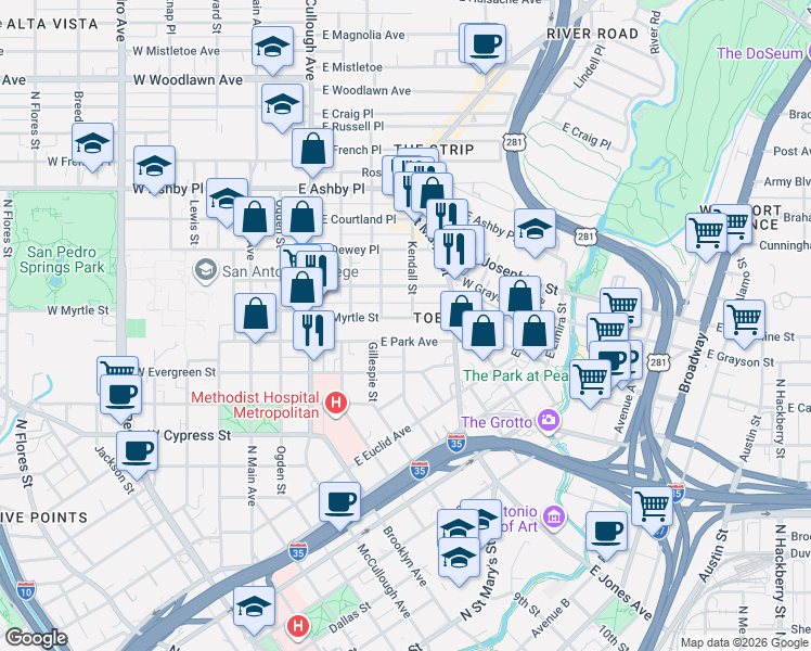 map of restaurants, bars, coffee shops, grocery stores, and more near in San Antonio