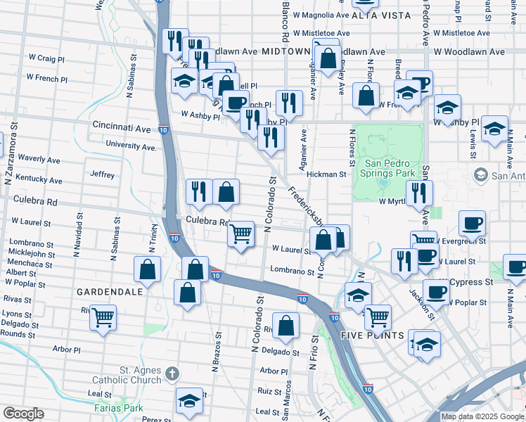 map of restaurants, bars, coffee shops, grocery stores, and more near 211 Cornell Avenue in San Antonio