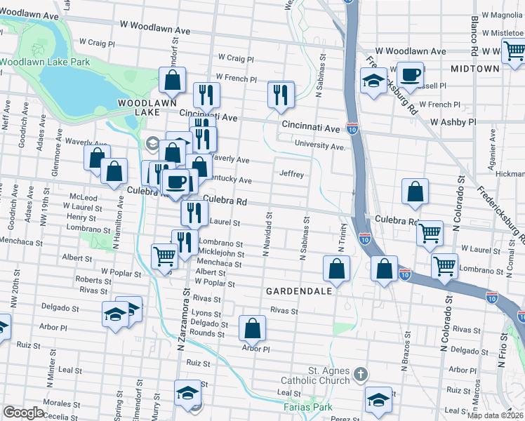 map of restaurants, bars, coffee shops, grocery stores, and more near 925 Culebra Road in San Antonio