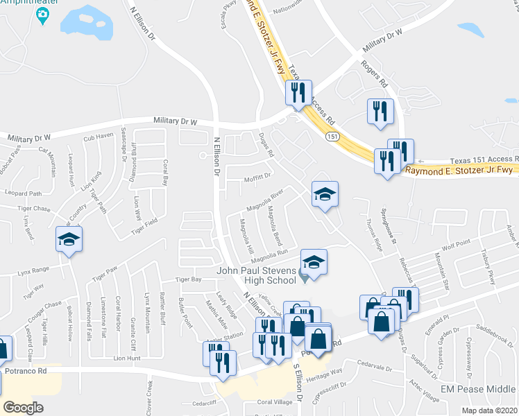 map of restaurants, bars, coffee shops, grocery stores, and more near 1103 Coe Drive in San Antonio