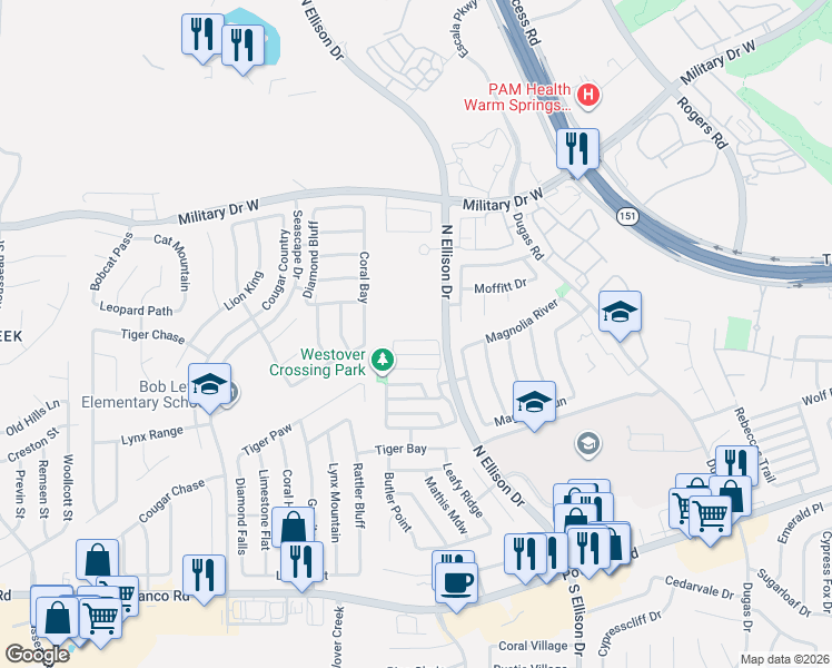 map of restaurants, bars, coffee shops, grocery stores, and more near 1211 North Ellison Drive in San Antonio