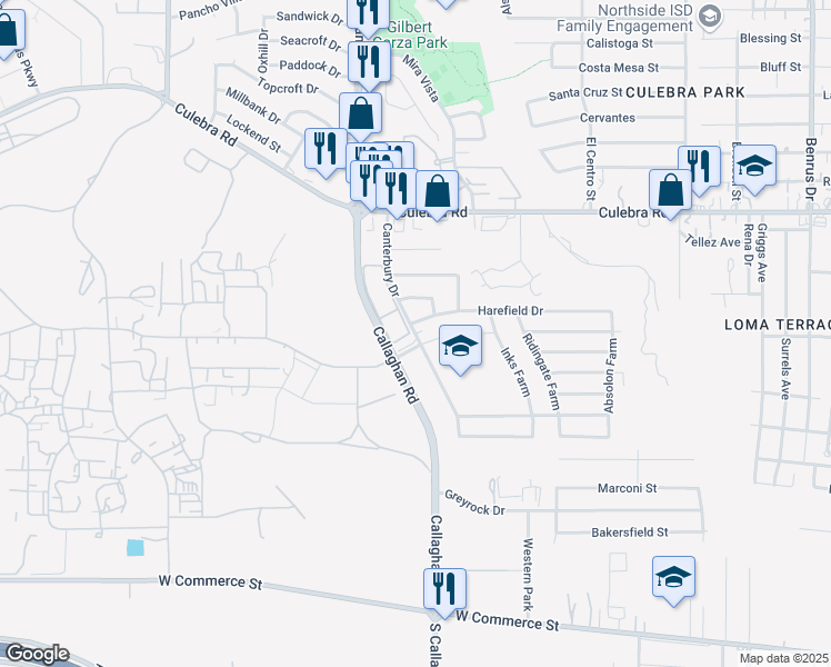 map of restaurants, bars, coffee shops, grocery stores, and more near Canterbury Drive in San Antonio