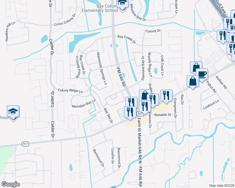 map of restaurants, bars, coffee shops, grocery stores, and more near 2894 Colony Cone Circle in Dickinson