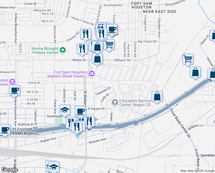 map of restaurants, bars, coffee shops, grocery stores, and more near 611 Coleman Street in San Antonio