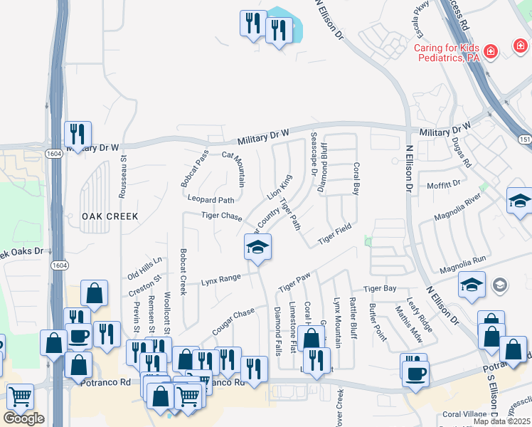 map of restaurants, bars, coffee shops, grocery stores, and more near 1140 Lion King in San Antonio