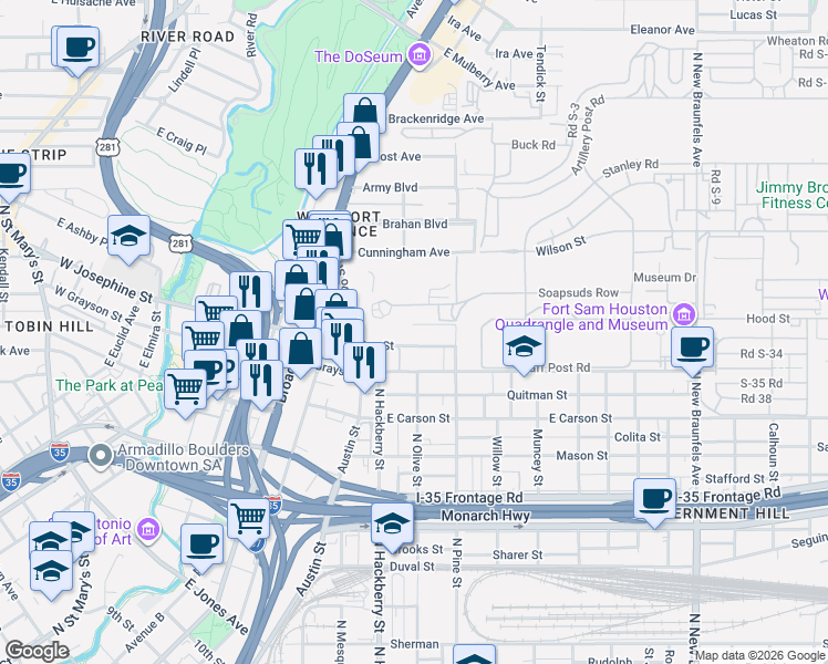 map of restaurants, bars, coffee shops, grocery stores, and more near 302 Nika Street in San Antonio