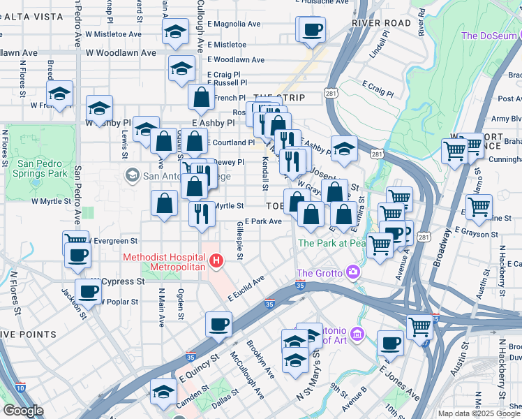 map of restaurants, bars, coffee shops, grocery stores, and more near in San Antonio