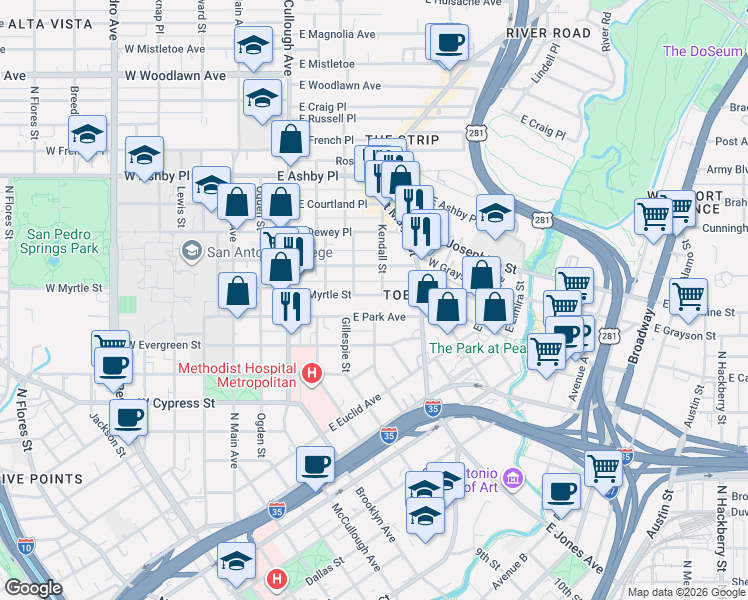 map of restaurants, bars, coffee shops, grocery stores, and more near in San Antonio