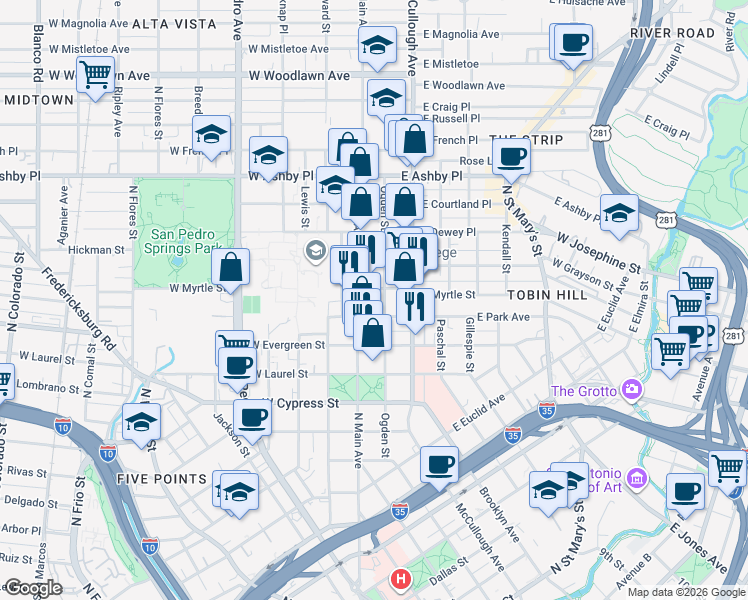 map of restaurants, bars, coffee shops, grocery stores, and more near 131 East Myrtle Street in San Antonio