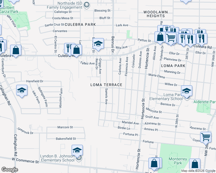 map of restaurants, bars, coffee shops, grocery stores, and more near 414 Surrels Avenue in San Antonio