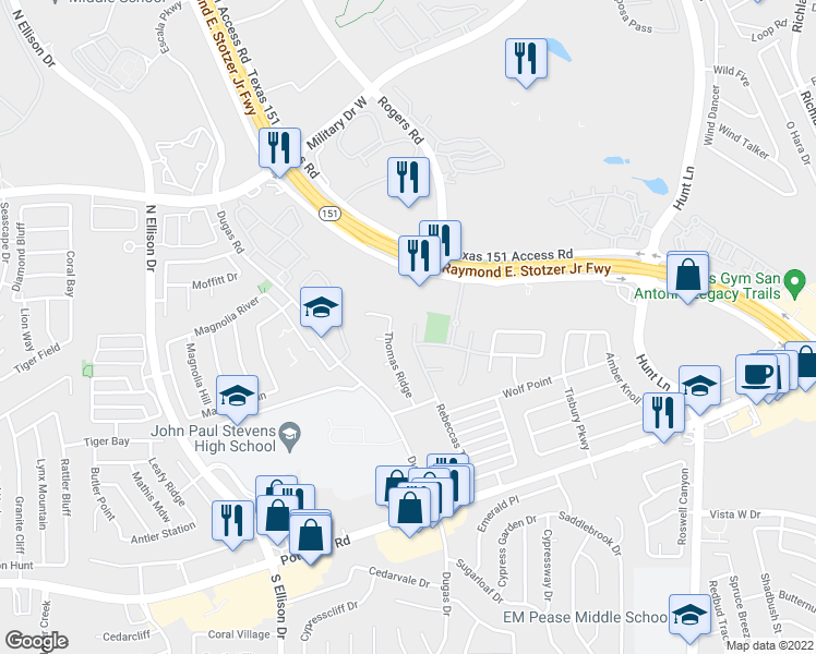 map of restaurants, bars, coffee shops, grocery stores, and more near 9703 Buffalo Peak in San Antonio