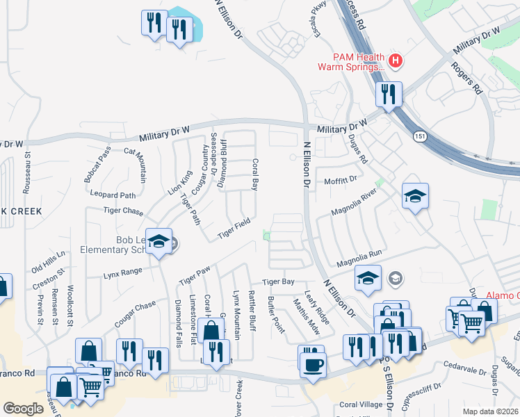 map of restaurants, bars, coffee shops, grocery stores, and more near 1485 North Ellison Drive in San Antonio