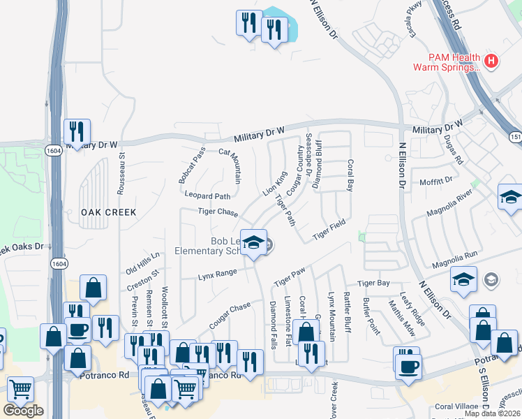 map of restaurants, bars, coffee shops, grocery stores, and more near 1140 Lion King in San Antonio