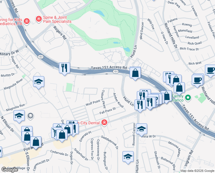 map of restaurants, bars, coffee shops, grocery stores, and more near 9427 Massaro Street in San Antonio