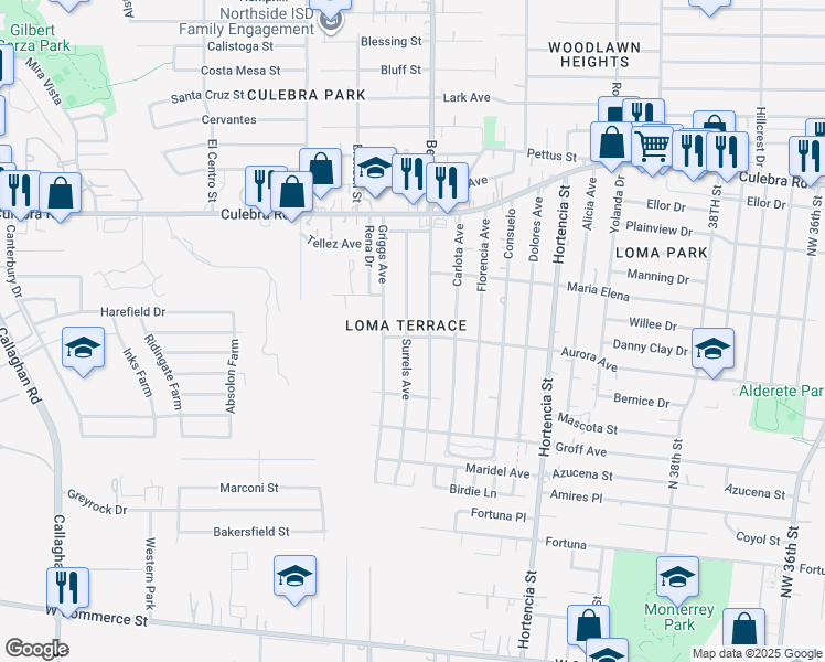 map of restaurants, bars, coffee shops, grocery stores, and more near 414 Surrels Avenue in San Antonio