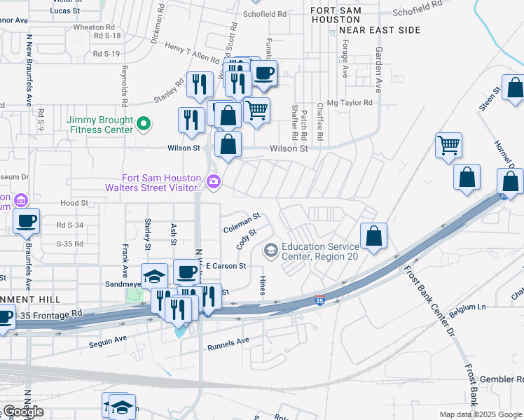 map of restaurants, bars, coffee shops, grocery stores, and more near 611 Coleman Street in San Antonio