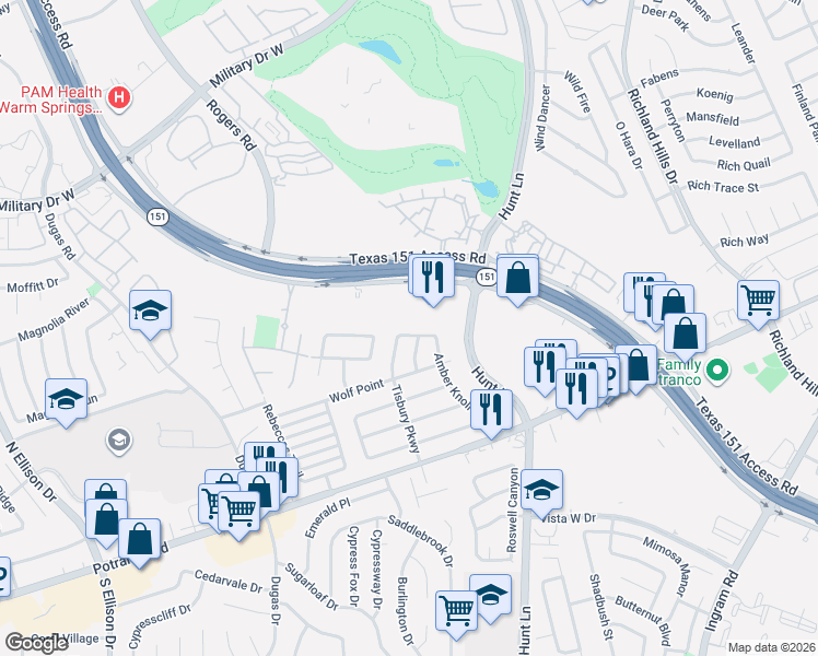 map of restaurants, bars, coffee shops, grocery stores, and more near 9427 Massaro Street in San Antonio