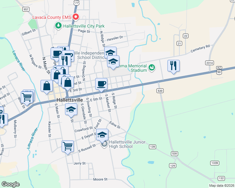 map of restaurants, bars, coffee shops, grocery stores, and more near 1005 East 4th Street in Hallettsville