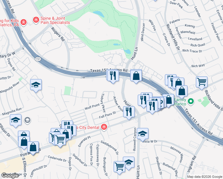 map of restaurants, bars, coffee shops, grocery stores, and more near 9427 Massaro Street in San Antonio